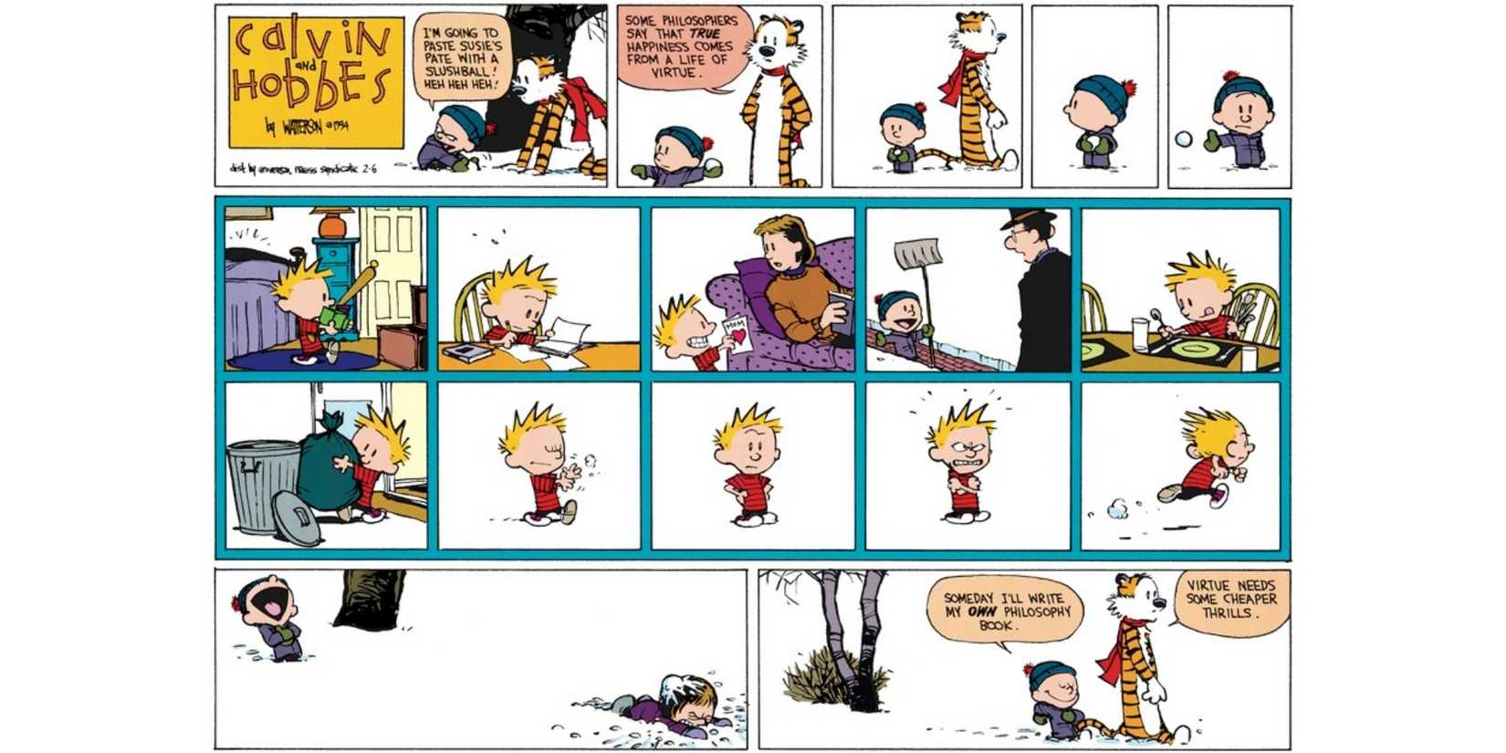 Calvin and Hobbes strip "Virtue Needs Some Cheaper Thrills.'