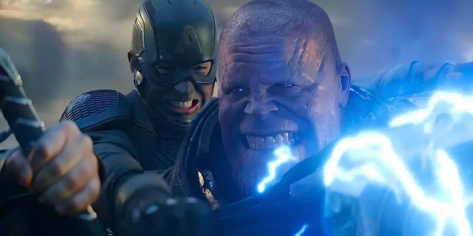 Captain America (Chris Evans) fighting Thanos (Josh Brolin) in Avengers: Endgame.