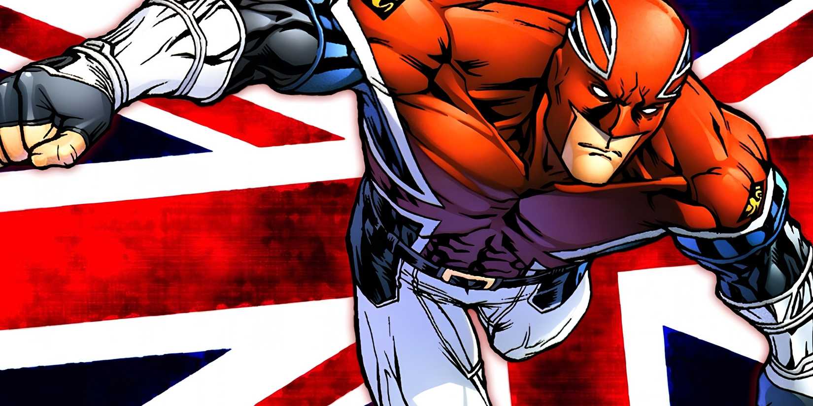 Captain Britain, with the Union Jack behind.