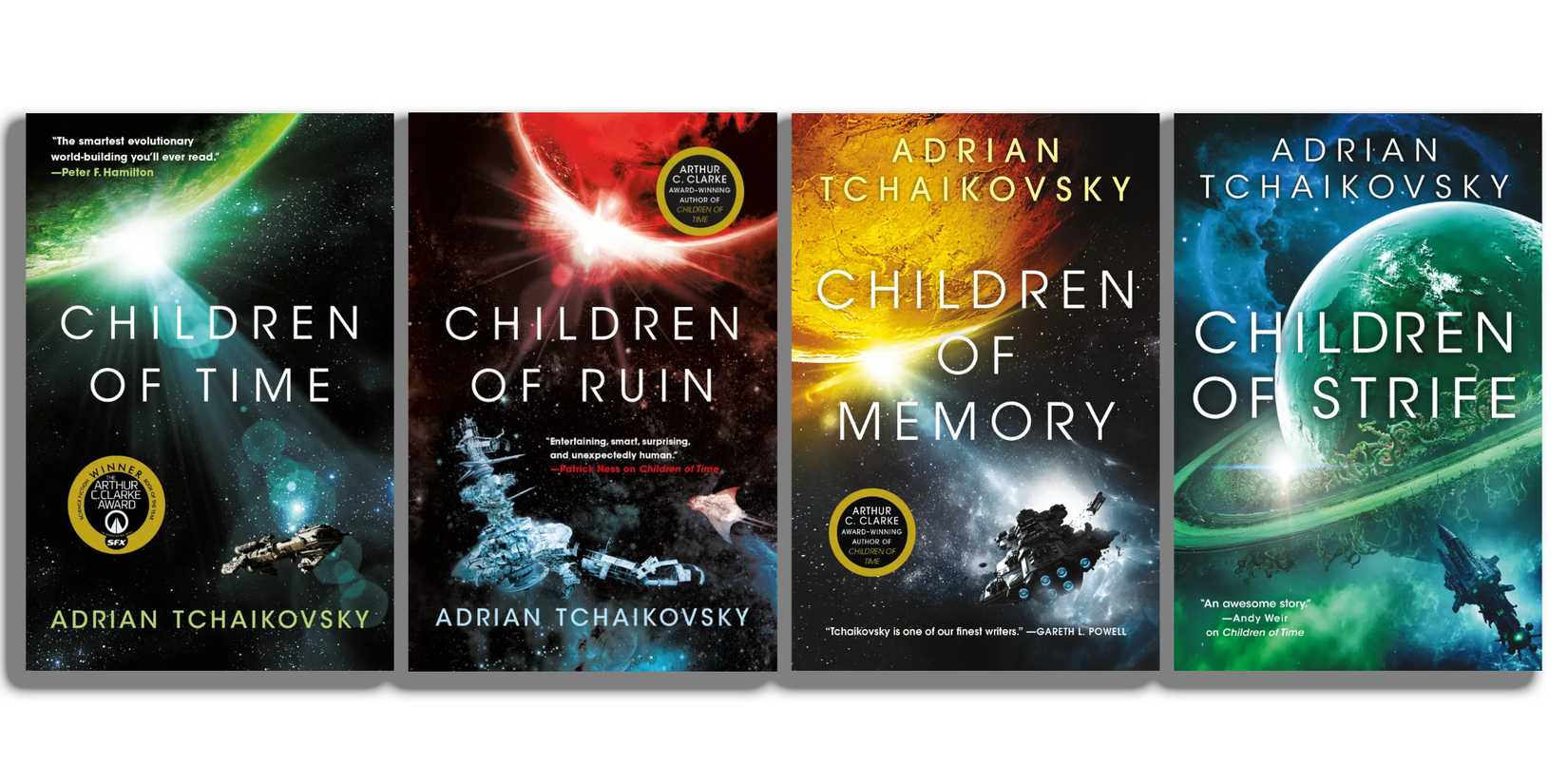 Children of Time, Children of Ruin, Children of Memory, and Children of Strife by Adrian Tchaikovsky.