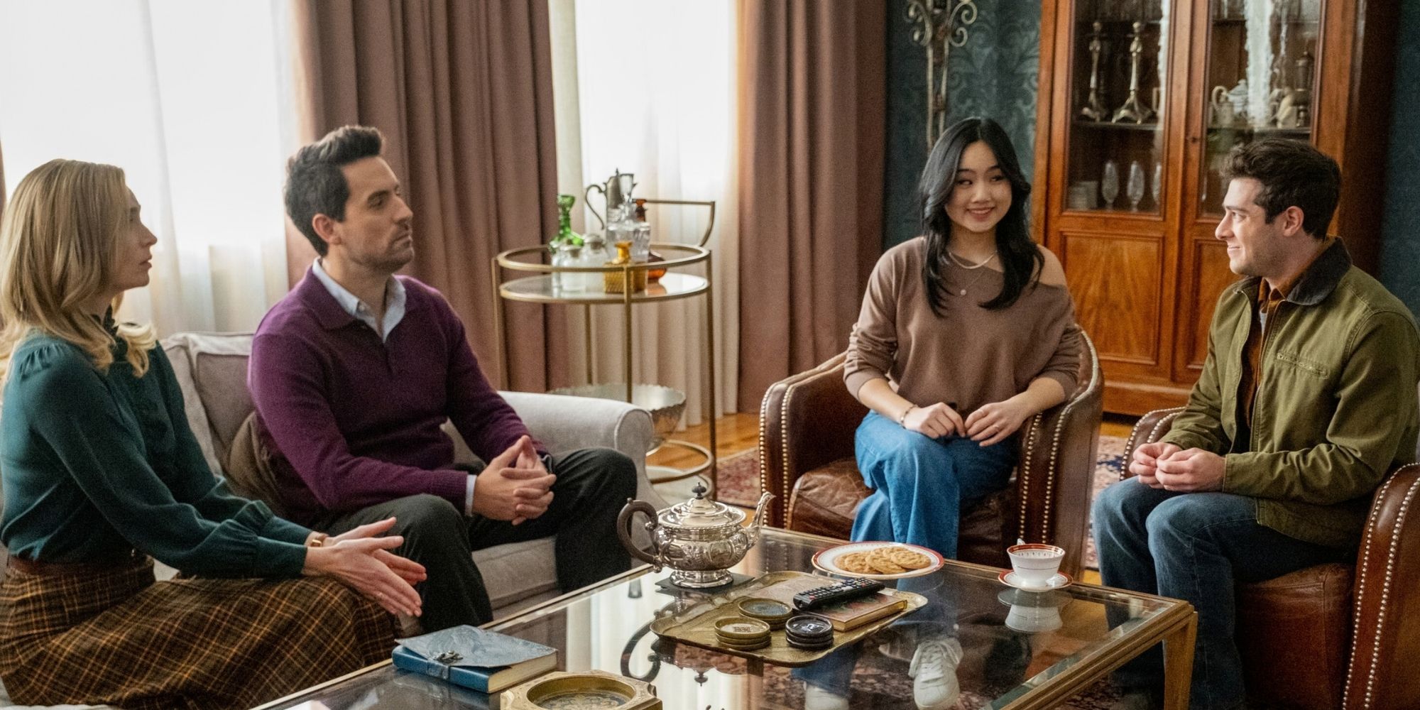 "Pilot" -- Coverage of the CBS Original Series ETERNALLY YOURS scheduled to air Thursday, October 8, 2026 (8:30 PM, ET/PT) Pictured: Ed Weeks as Charles, Allegra Edwards as Liz, Jaren Lewison as Max, Helen J. Chen as Emma, Photo: Bertrand Calmeau/CBS ©2026 CBS Broadcasting, Inc. All Rights Reserved.