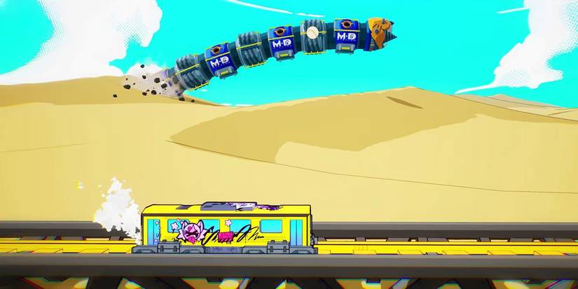 Emi Araki operating her train to battle a mecha-sandworm in Denshattack!!