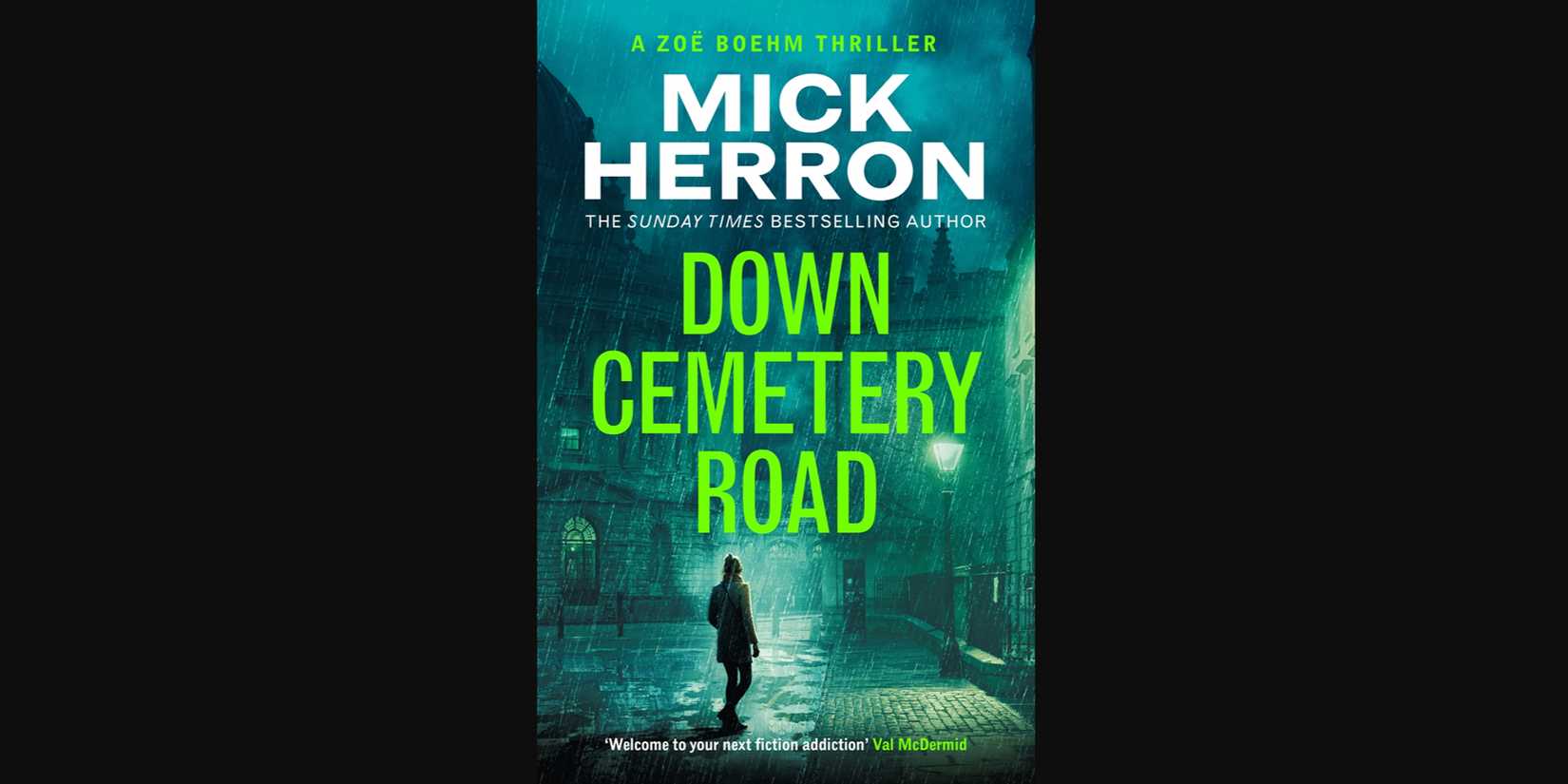 A woman caught in the rain in a greenish blue neon street on the cover of Down Cemetery Road