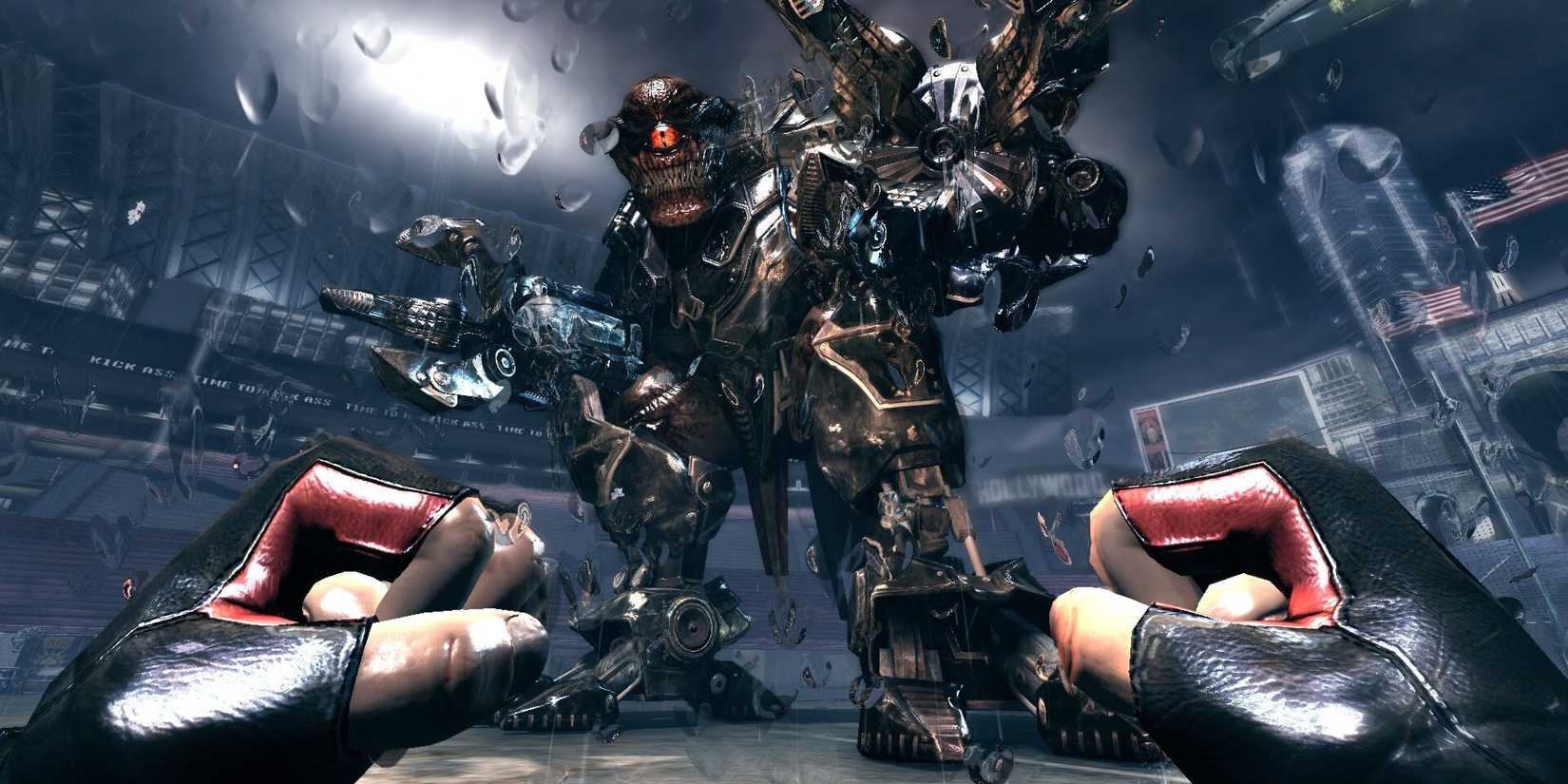A first-person POV shot of Duke Nukem about to fight a giant alien in the middle of a football field in 'Duke Nukem Forever'