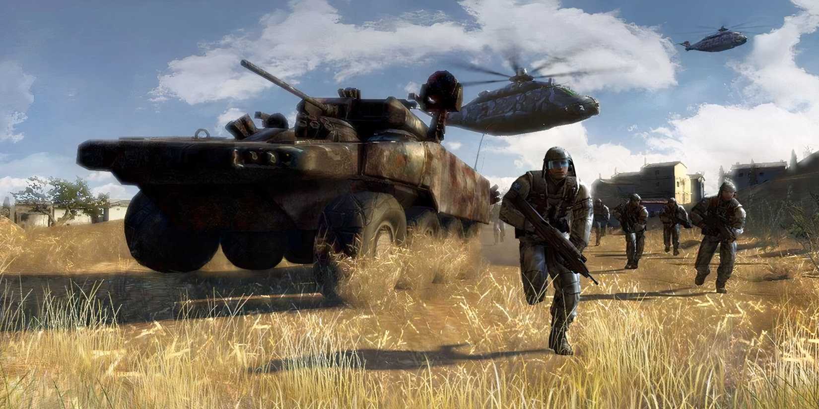 EU forces move across a field in 'Tom Clancy's EndWar'