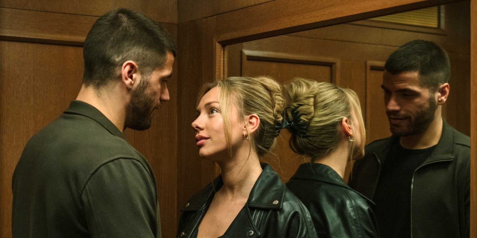 Hugo Diego Garcia as Sebastian and Ester Exposito as Marfil standing close in an elevator in Drawn Together