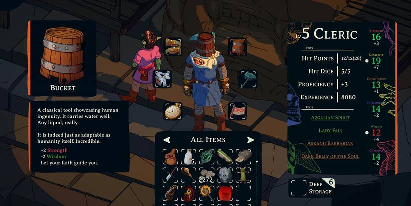 The Cleric's inventory screen from Esoteric Ebb