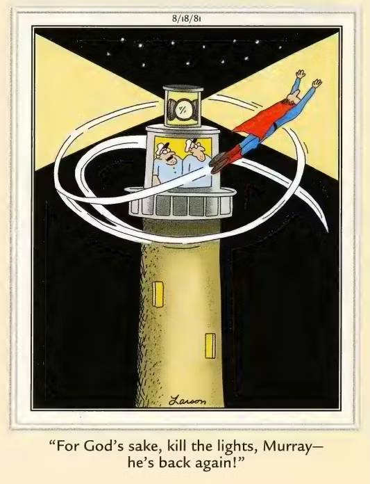 Superman flies around a lighthouse in 'The Far Side'
