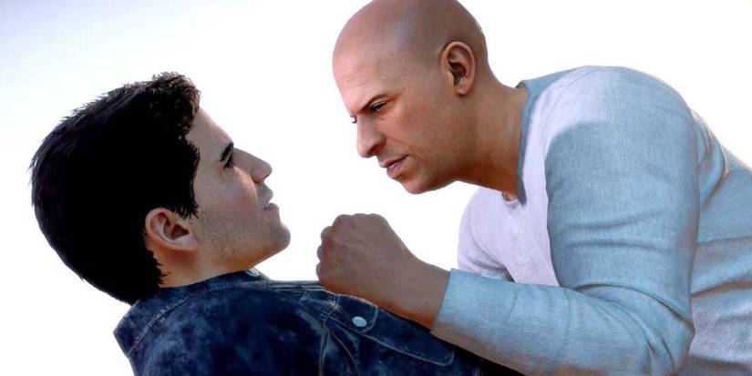 Dominic Toretto with his hands on another man in the video game 'Fast & Furious: Crossroads' (2020)
