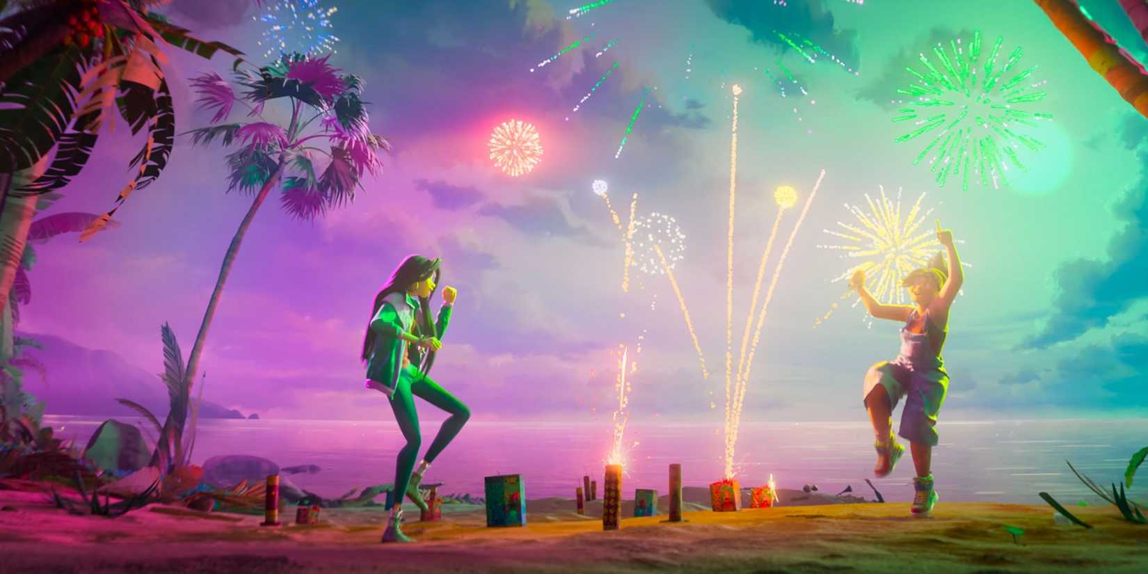 Raissa and Jo dancing on a beach with fireworks going off in 'Forgotten Island'