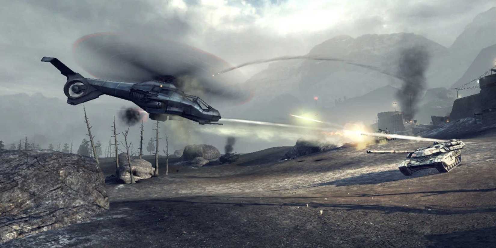 A helicopter duels a tank in "Frontlines: Fuel of War'