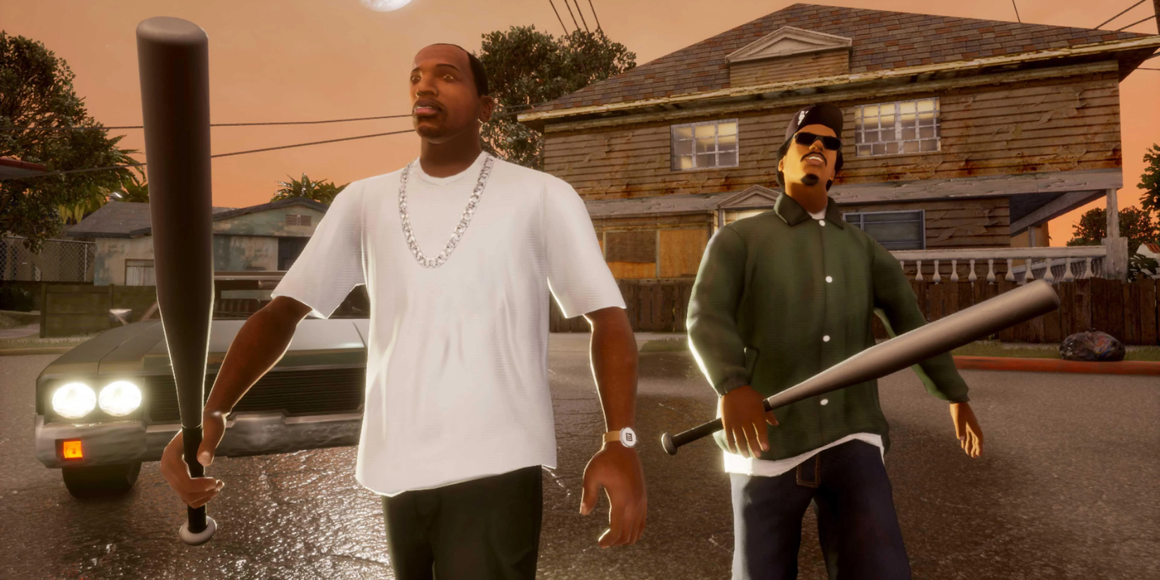 Carl Johnson and Ryder walking forward with baseball bats in 'Grand Theft Auto: The Trilogy - The Definitive Edition' (2021)