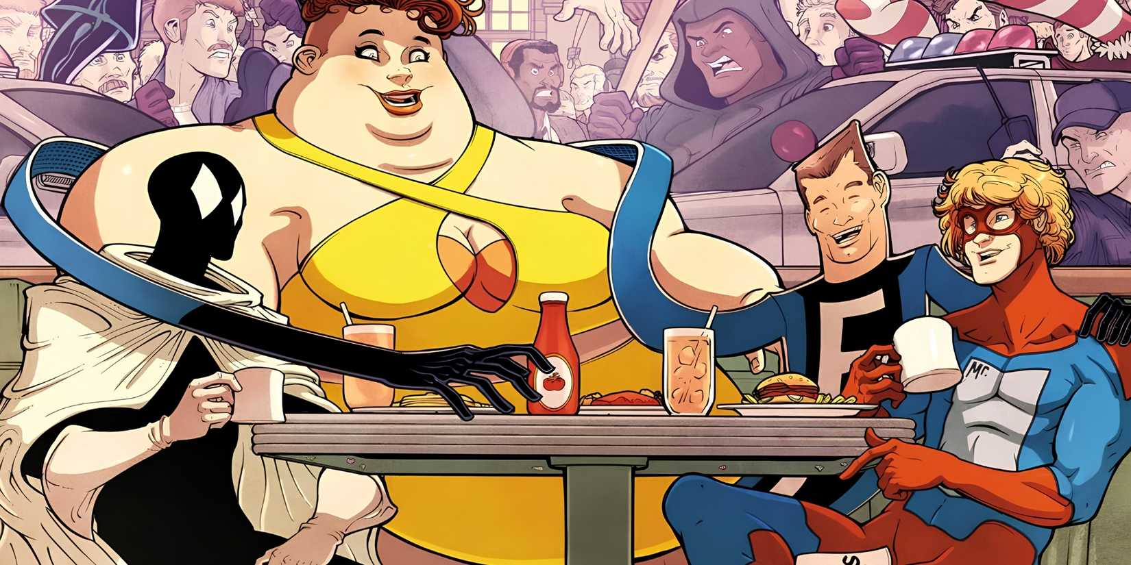 The Great Lakes Avengers sit at a diner table with an angry mob outside their window.