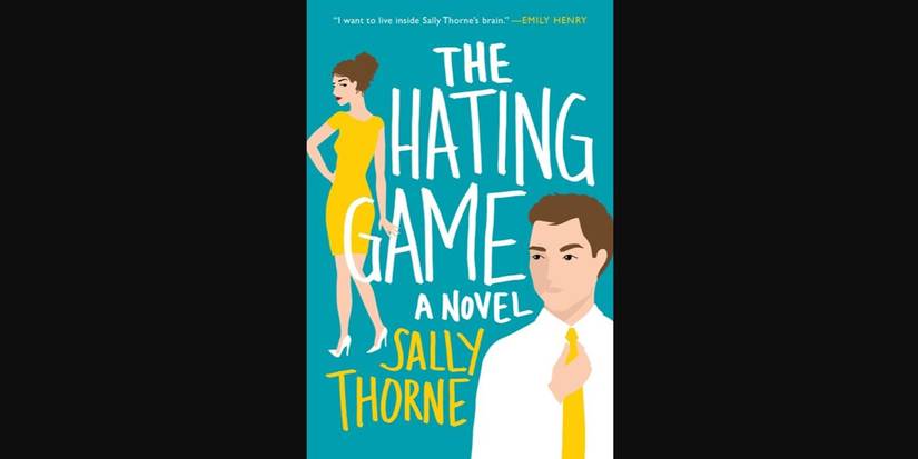 The Hating Game by Sally Thorne featuring a woman and man on turquoise
