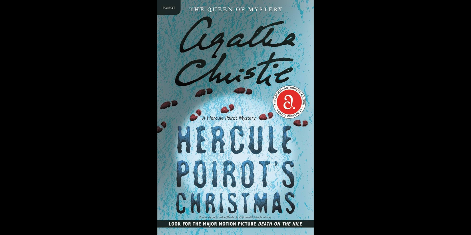 Book cover of Agatha Christie's Hercule Poirot's Christmas, featuring a blue textured background with red and black footprints. The title appears in large black and blue lettering, with the author's name above it.