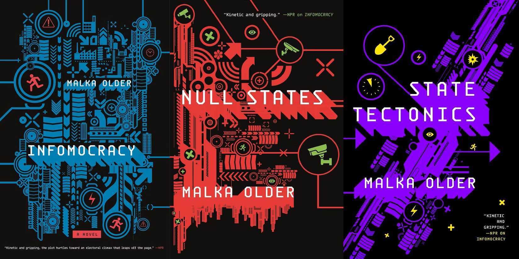 The covers of the Centenal Cycle trilogy — Infomocracy, Null States, and State Tectonics — by Malka Older