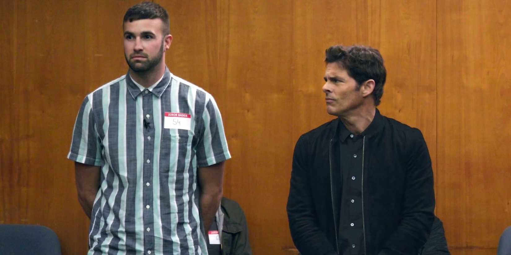James Marsden staring at Ronald Gladden in Jury Duty