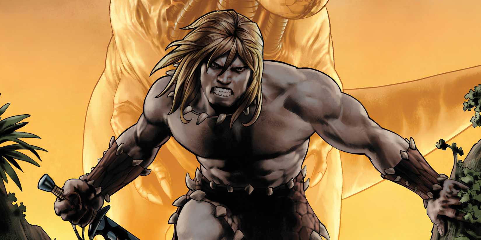 Ka-Zar runs forward with a T-Rex behind him in Ka-Zar: Lord of the Savage Land.