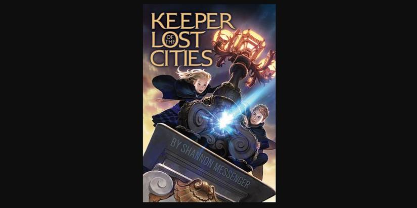 Book cover for Keeper of the Lost Cities showing two children leaping near a streetlamp