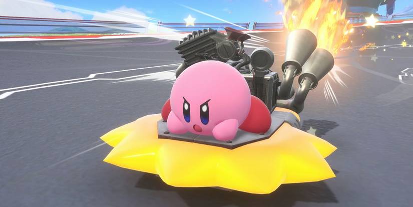 Kirby riding the Bulk Star in Kirby Air Riders.