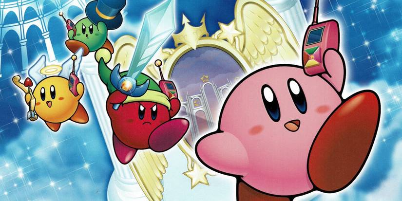 Kirby holding a cell phone while being followed by a red sword Kirby, yellow cupid Kirby, and green magic Kirby, each holding their own cell phones, in art for 'Kirby and the Amazing Mirror' for the Game Boy Advance.