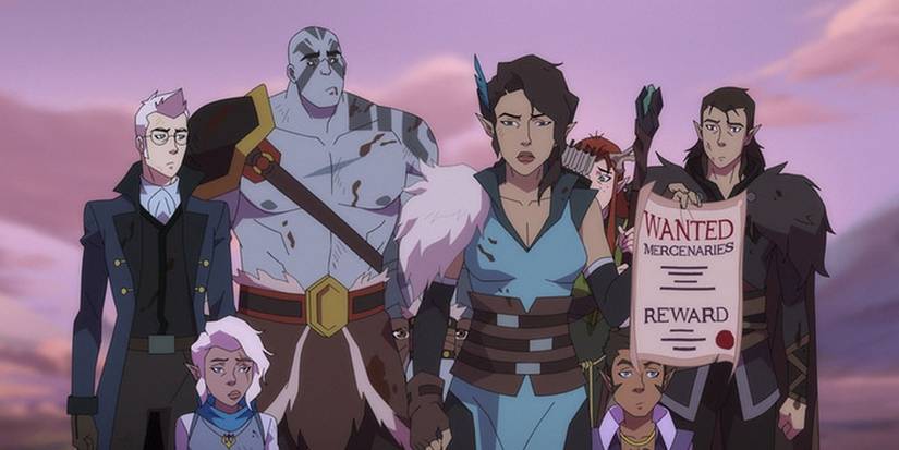 A group of characters standing together in 'The Legend of Vox Machina' Season 1, Episode 1