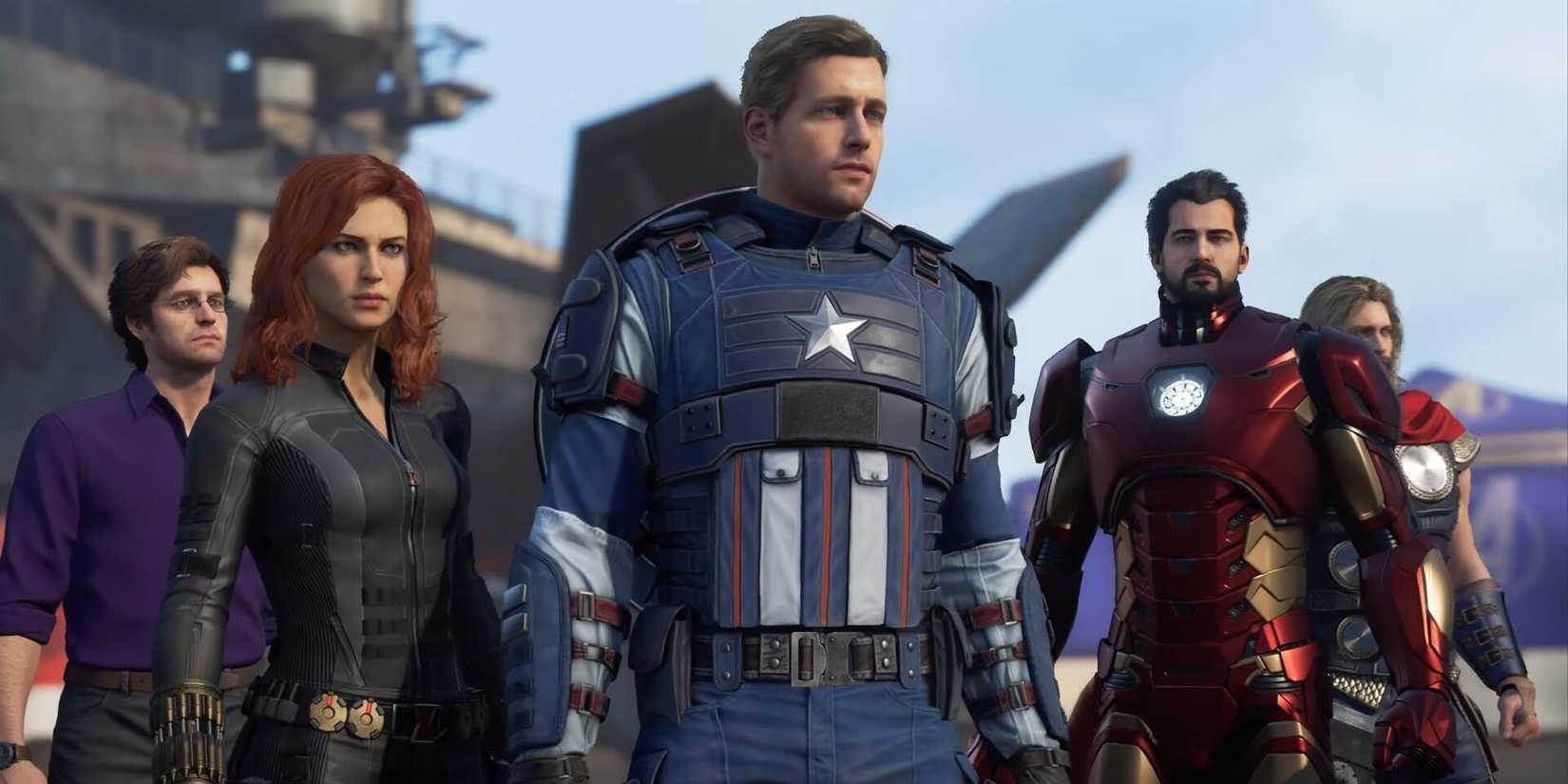 Captain America, Iron Man, Black Widow, Thor, and Bruce Banner in the video game 'Marvel's Avengers' (2020)