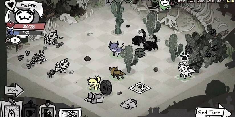 Grid-based tactical battle between mutated cats in Mewgenics