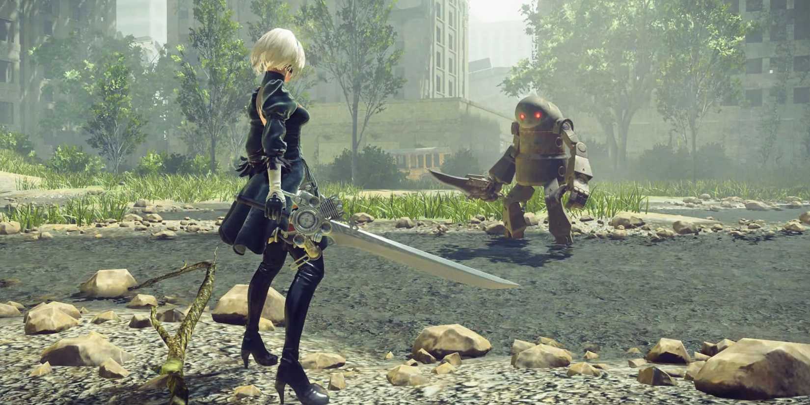 Main character fighting a robot enemy in NeiR: Automata