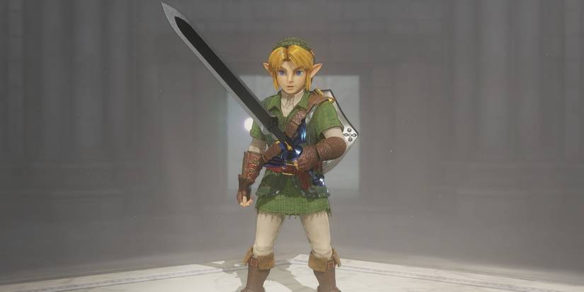 Adult Link standing with Master Sword in hand in The Legend of Zelda: Ocarina of Time remake.