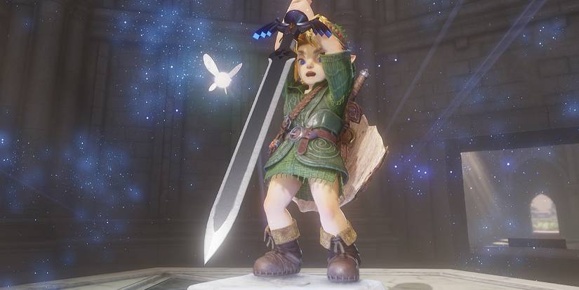 Screenshot of Link unleashing the Master Sword in The Legend of Zelda: Ocarina of Time remake.