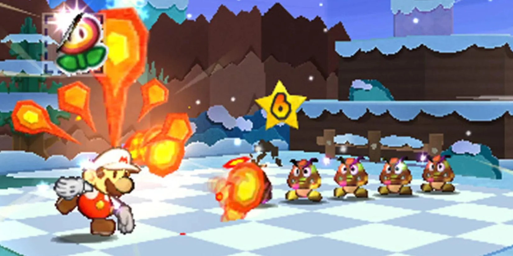 Paper Mario using a fire flower to throw fire balls at goombas in 'Paper Mario: Sticker Star' for the Nintendo 3DS