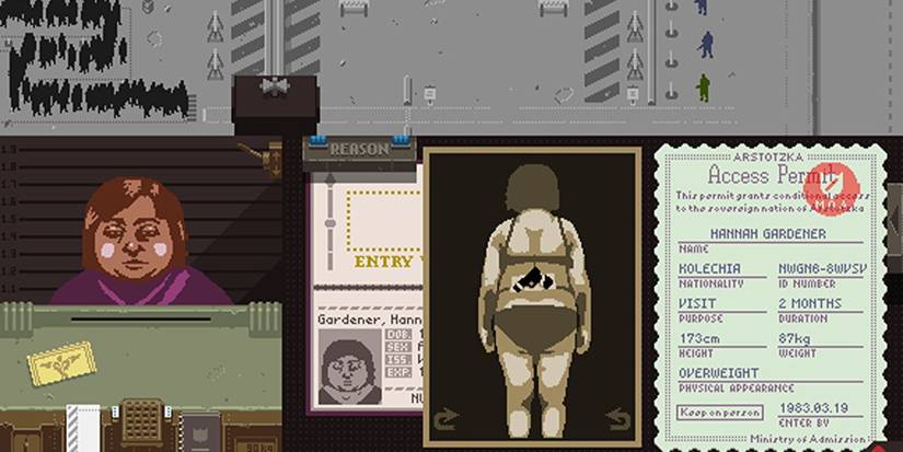 A woman being investigated in Papers, Please video game
