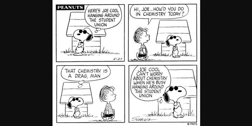 Peanuts comic strip by Charles M. Schulz featuring the character Snoopy leaning against his doghouse while wearing sunglasses as his alter ego, Joe Cool.