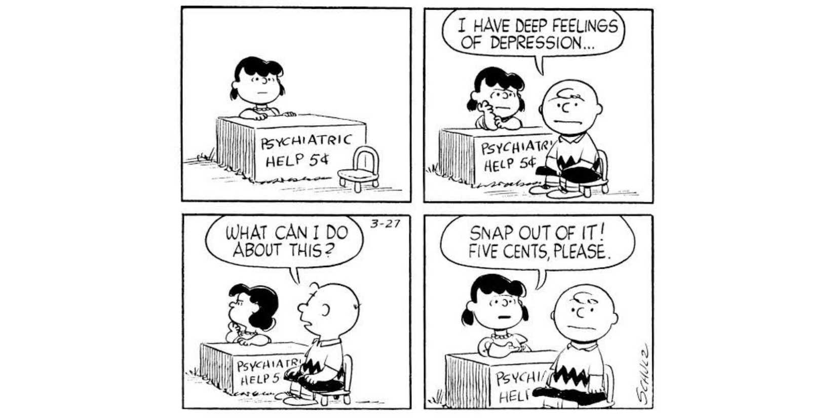 Charlie visits Lucy's booth in a Peanuts comic.