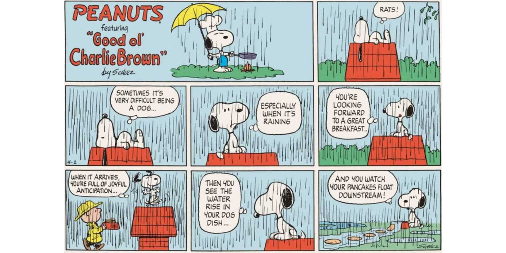 Snoopy eats inn the rain in the Peanuts strip.
