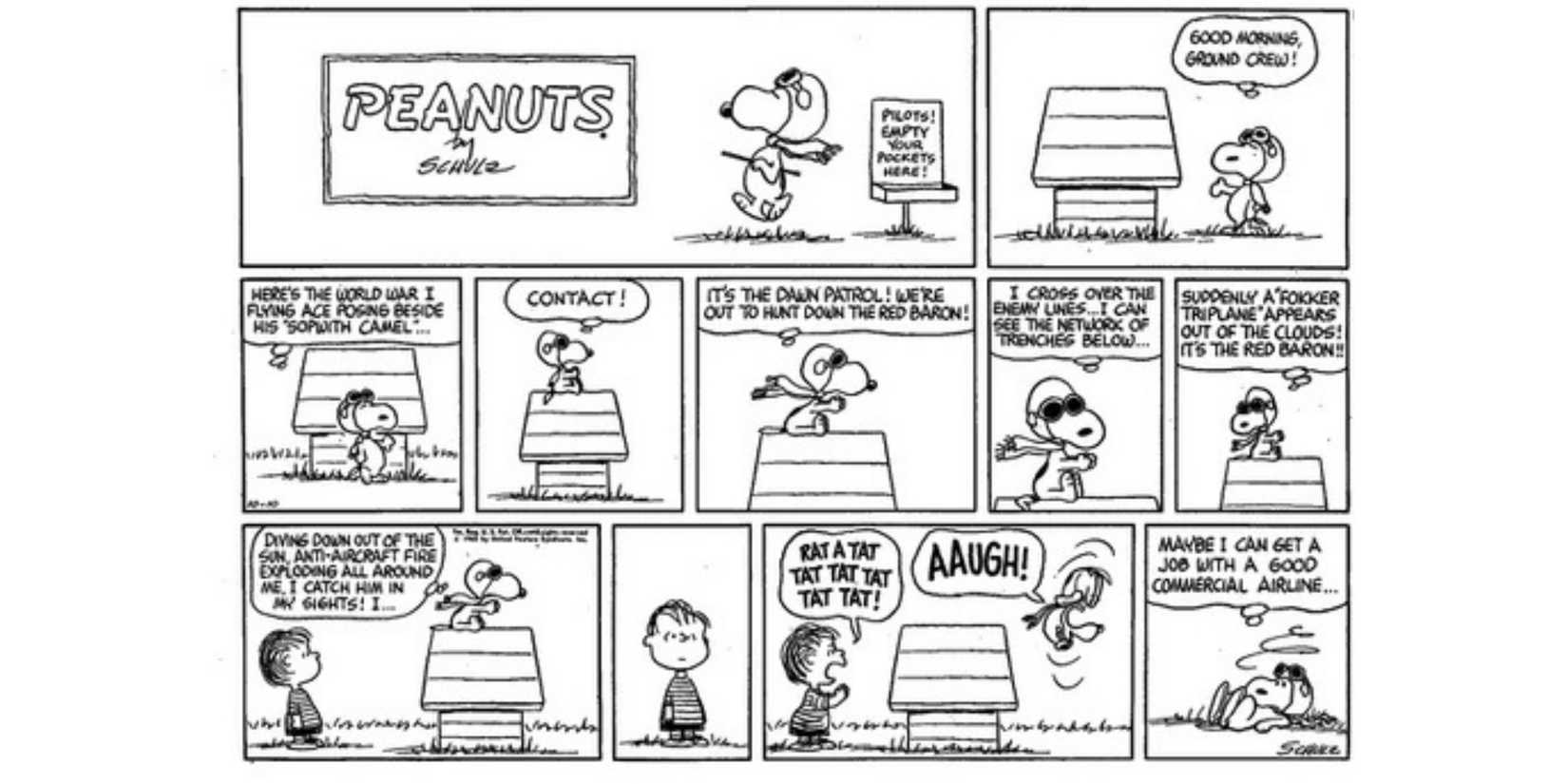 The iconic Peanuts panel featuring Snoopy vs the Red Baron.