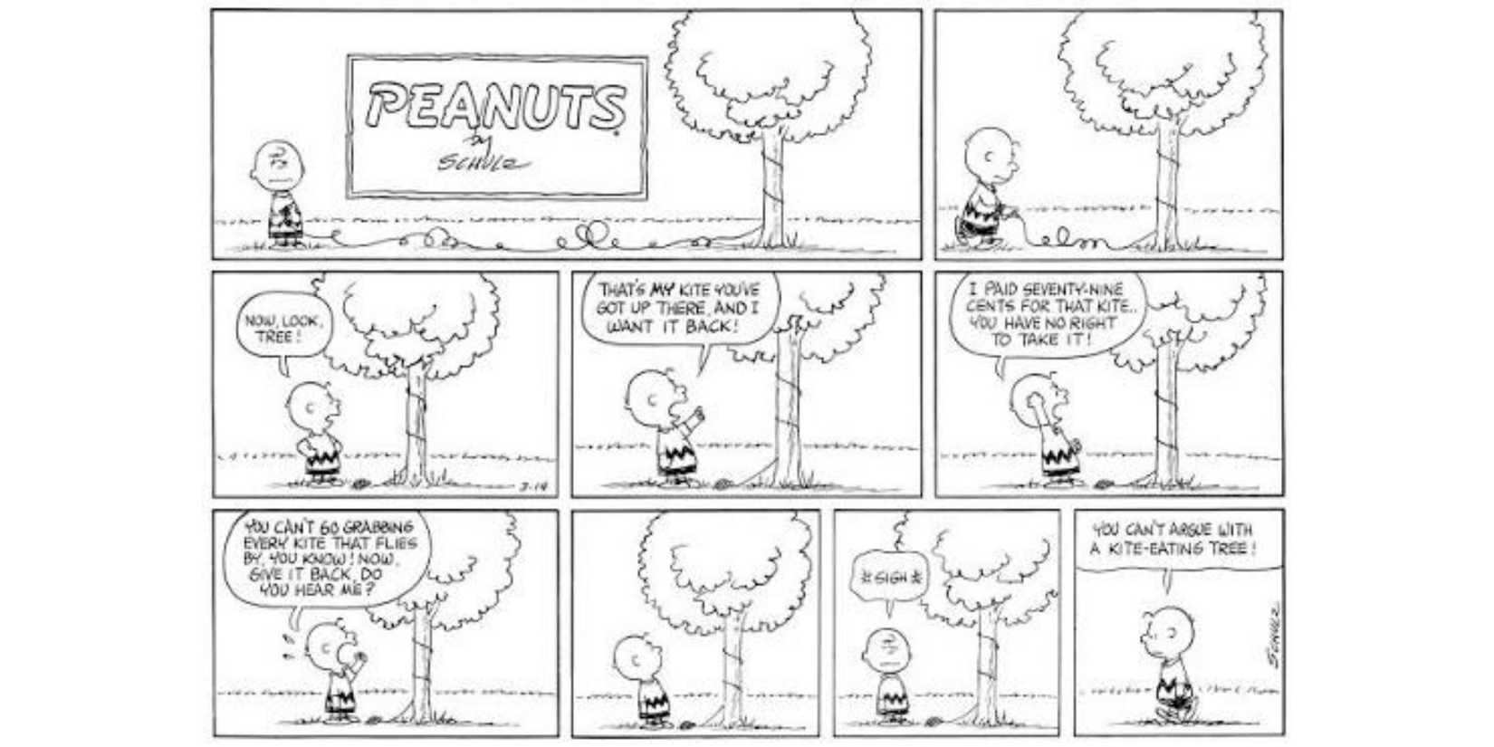 The Peanuts comic strip featuring the Kite Eating Tree.