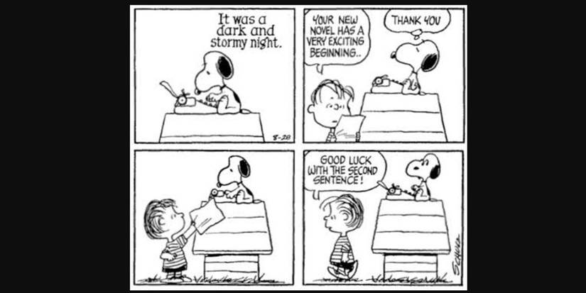 Peanuts comic strip by Charles M. Schulz featuring Snoopy acting as an aspiring author on top of his doghouse