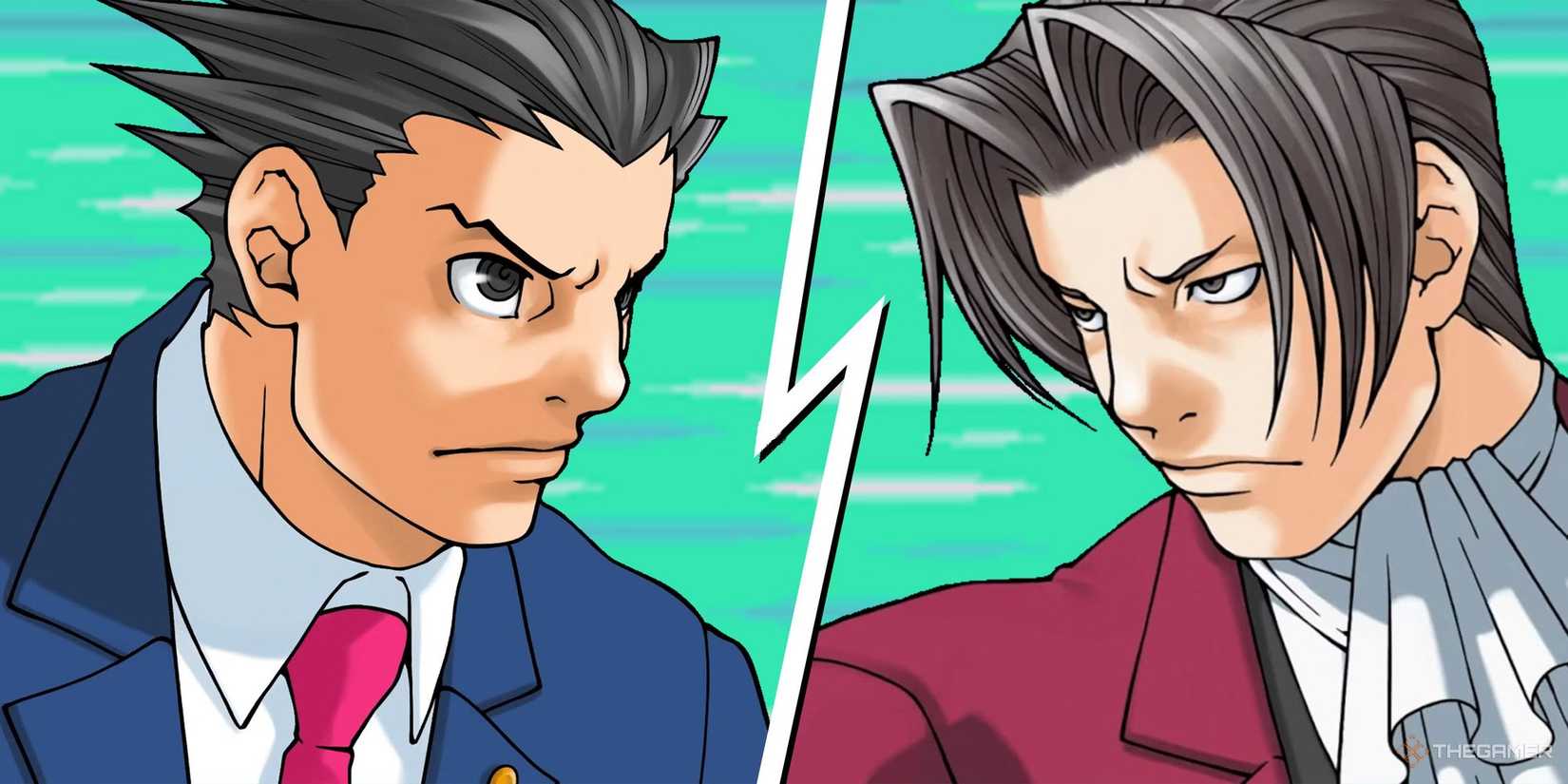 A work of art featuring Phoenix Wright and Miles Edgeworth from the Ace Attorney series looking at each other sternly. 