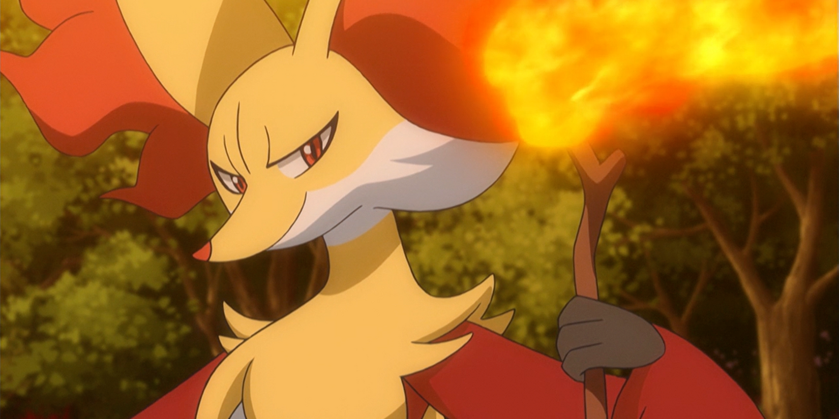 Delphox holding a burning stick