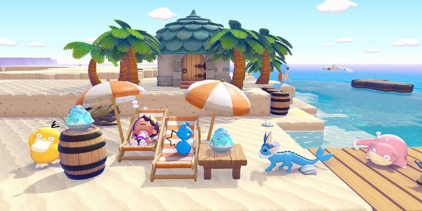 Ditto napping at the beach with various Pokémon in Pokémon Pokopia.