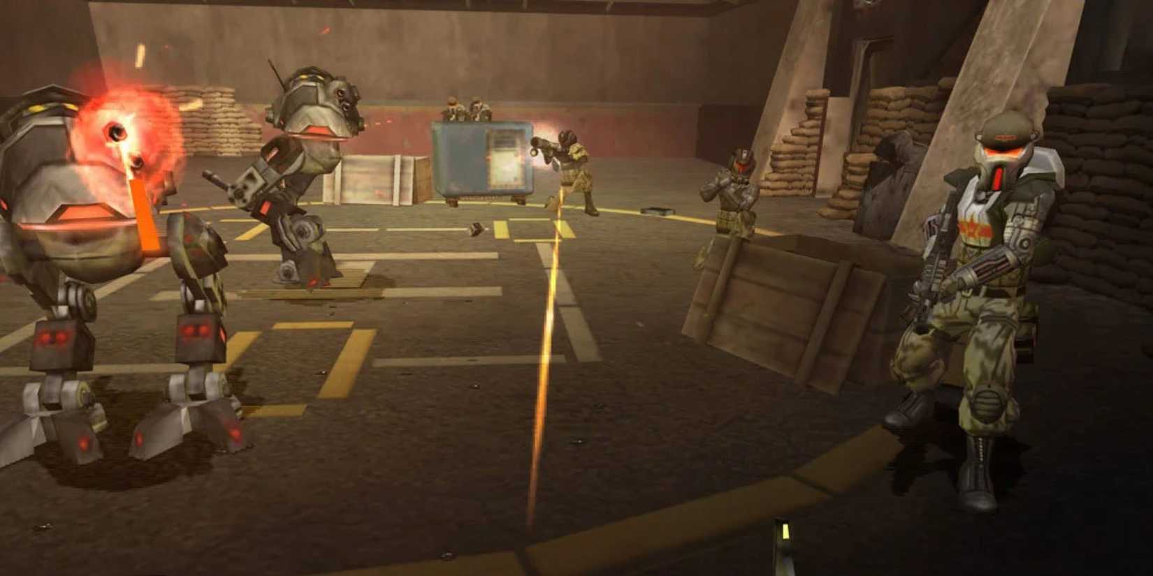 A group of enemy soldier and mechs in action in 'Project: Snowblind'
