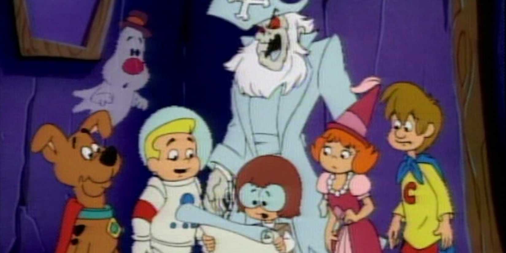 The Scooby-Doo Detective Agency on Halloween with two ghosts in the 'A Pup Named Scooby-Doo' episode "Ghost Who's Coming to Dinner"