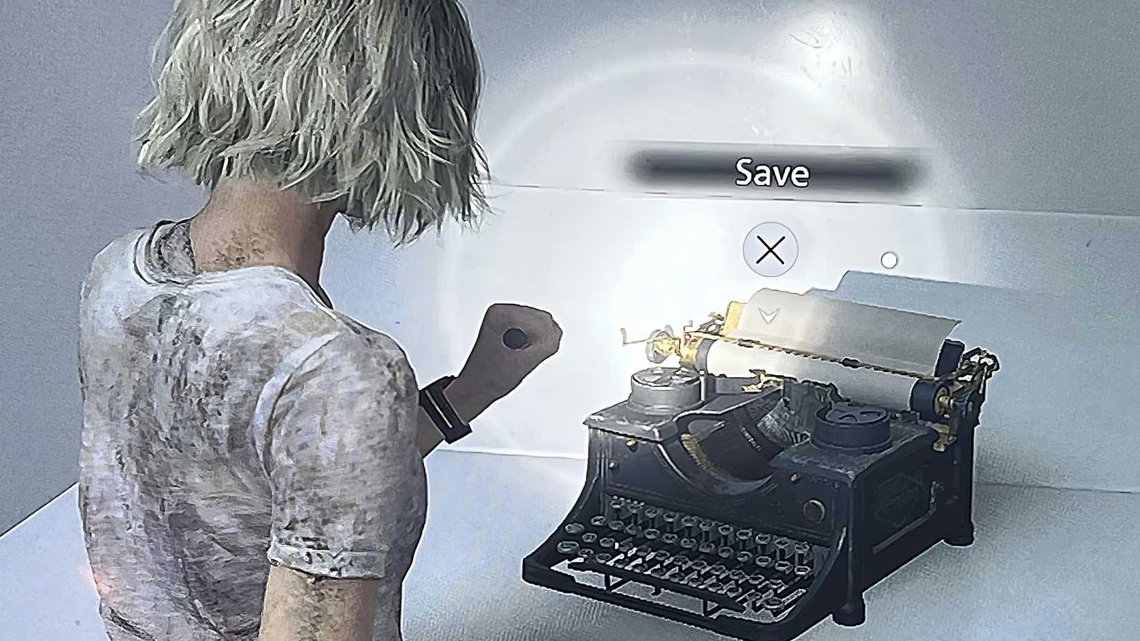 Grace holding a flashlight up to a typewriter in Resident Evil.