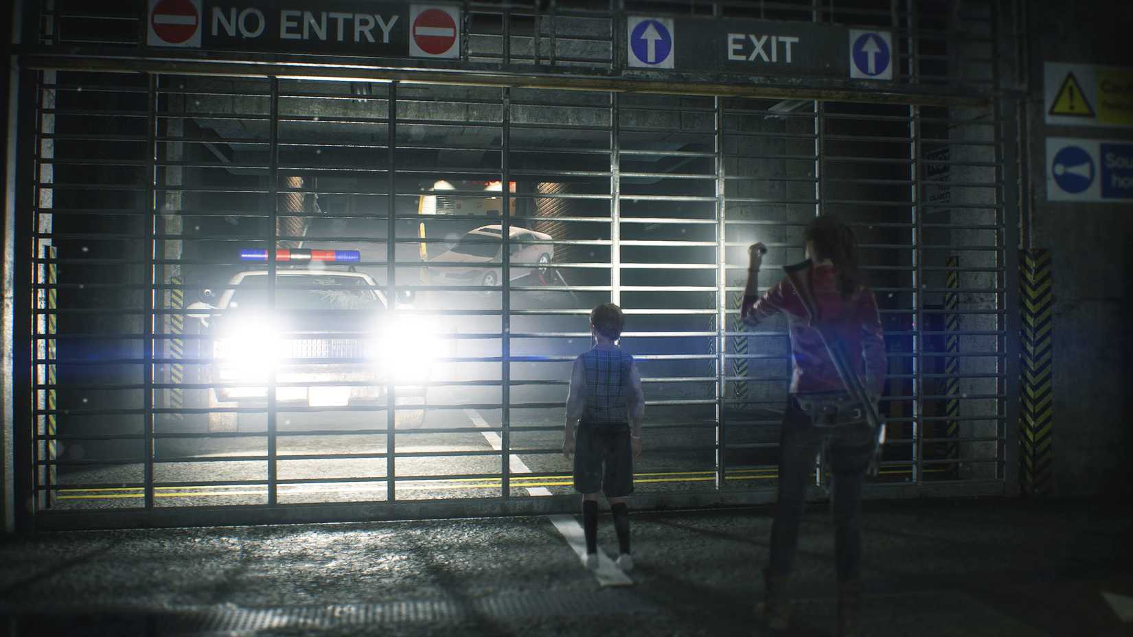 Claire in a parking garage in Resident Evil 2. 