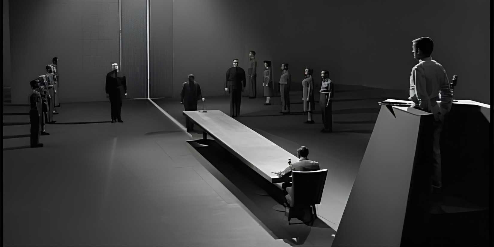 Romney Wordsworth (Burgess Meredith) stands before the tribunal in The Twilight Zone episode "The Obsolete Man."