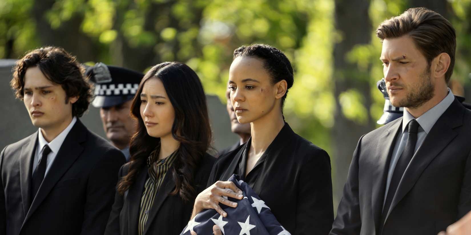 Maria Sten holding a flag at a funeral with Greyston Holt, Jasper Jones and Adeline Rudolph in Neagley
