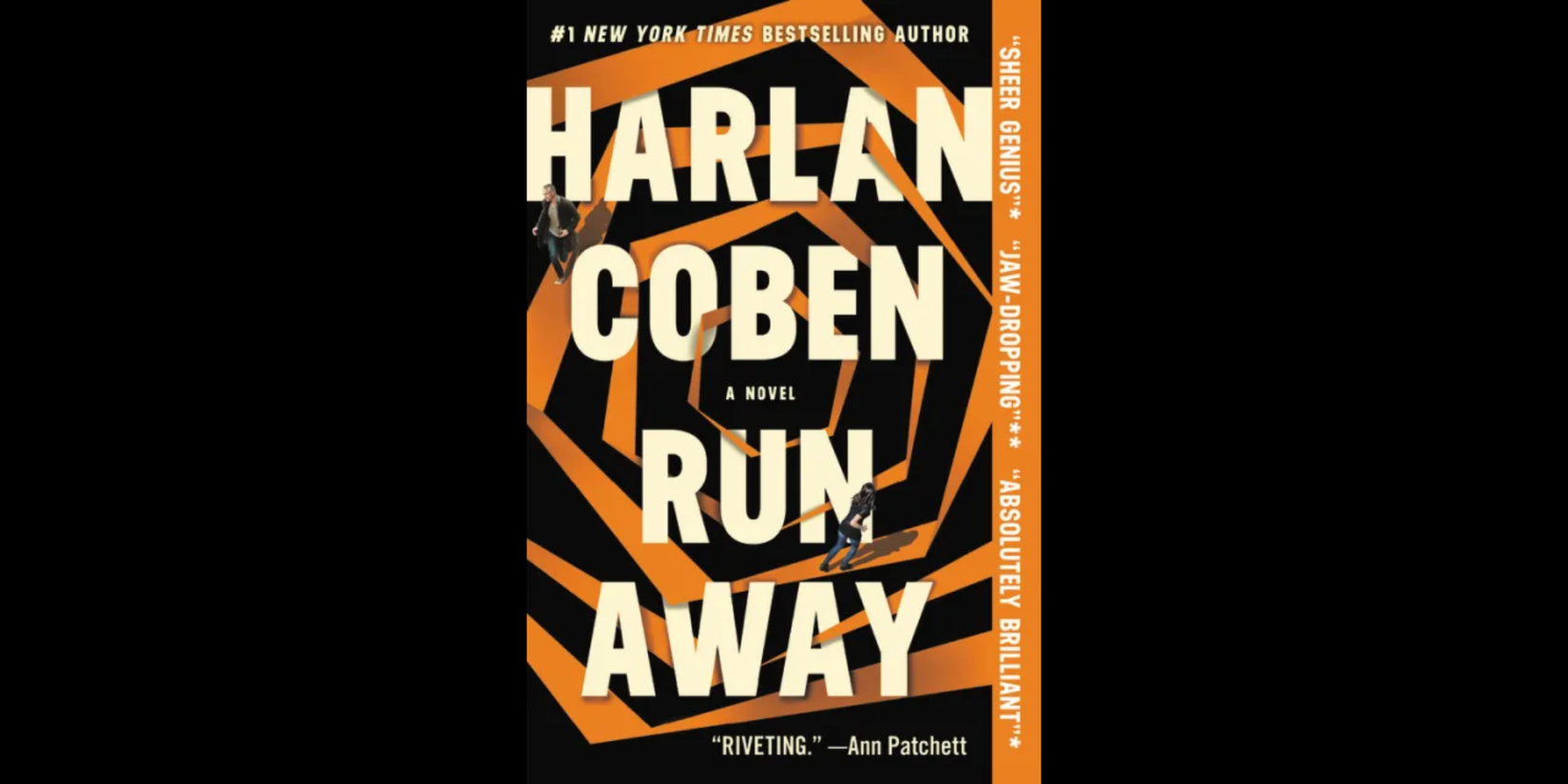 A book cover for Harlan Coben’s Run Away, featuring a black background with orange geometric lines forming a maze-like pattern, with small figures navigating the design and large cream-colored title text.