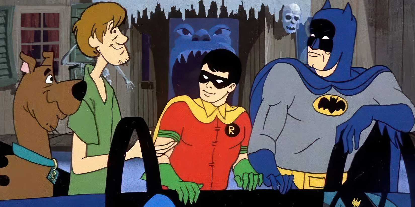 Scooby Doo and Shaggy next to Batman & Robin in 'Scooby-Doo Meets Batman'